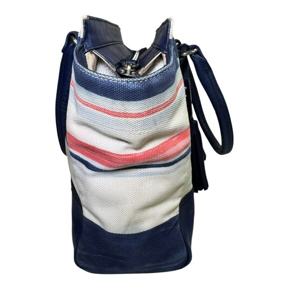 Coach Stripe Canvas & Navy Leather Satchel Tote – Tassel Bag Zip Pocket – Large - Picture 9 of 13